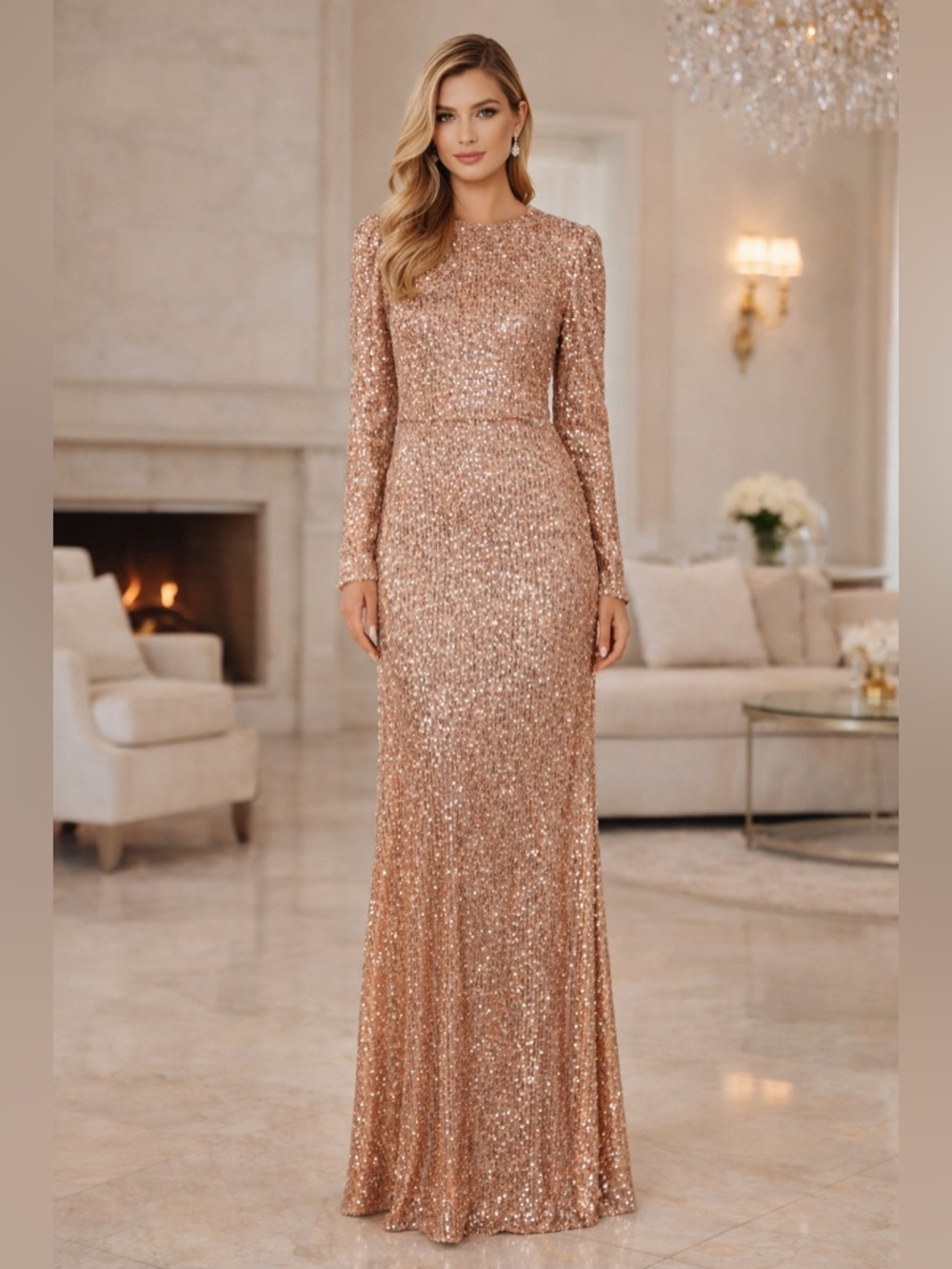 Mac Duggal Ieena Elegant Rose Gold Sequin Long-Sleeve Evening Gown